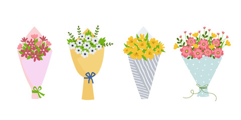 Set of bouquets with blooming flowers wrapped in craft paper. Florist composition for holiday celebration. Design element for greeting card, invitation, stickers, postcard, poster, print