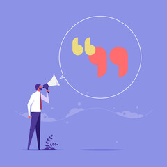 Inspiration quotes to motivate people, business quotation or message to achieve success concept, smart businessman and businesswoman standing with quotation mark sign