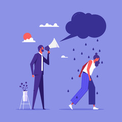 Obraz premium Businessman shouting in megaphone with anger at stressed employee symbolizing business problems, concept of business communication, teamwork, leadership
