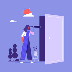 Looking in unknown future concept, businesswoman with telescope in her hands looks through open door, Search for life path and journey into subconscious - obrazy, fototapety, plakaty