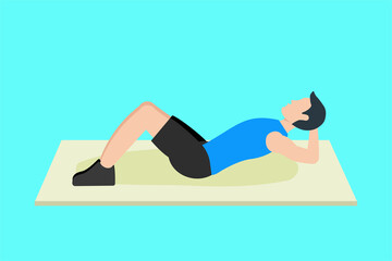 Man doing sit-up exercise for abdominal muscles vector. Young boy wearing a blue shirt flat character. Athletic man doing sit-ups for the belly and abdominal exercises. Men doing crunches in the gym.