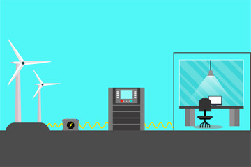 Using natural energy for houses with batteries. Wind turbines produce electricity and are stored in batteries vector. Processing natural power to use in houses, electricity production concept.
