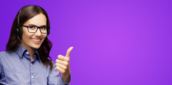 Contact Call Center Service. Customer support, female sales agent. Caller answering phone operator, businesswoman in headset. Woman in eye glasses showing thumb up gesture. Violet purple background.
