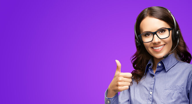 Contact Call Center Service. Customer support sales agent. Caller or answering phone operator or businesswoman in headset. Business woman in glasses showing thumb up. Violet purple background. Wide.