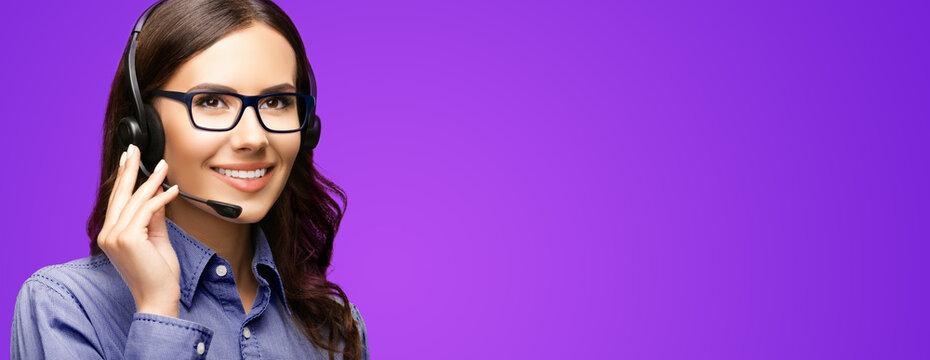 Contact Call Center Service. Customer support female sales agent. Caller answering phone operator or businesswoman in headset. Face portrait of brunette woman. Violet purple background with copy space
