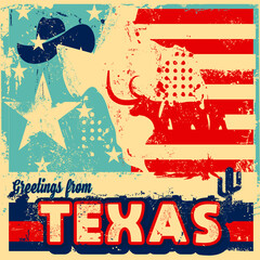 An abstract vector grunge poster illustration on Greetings from Texas - 504325138