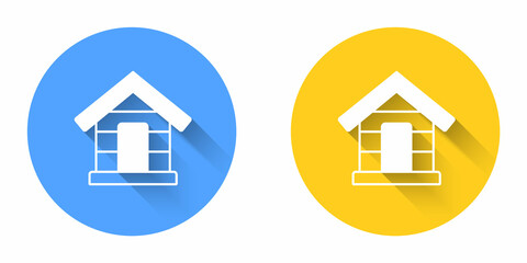 White Dog house icon isolated with long shadow background. Dog kennel. Circle button. Vector