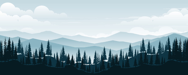 Obraz premium Landscape of mountains with pines and forests under the sky in the morning.