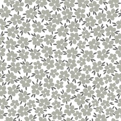 Simple vintage pattern. Gray flowers and leaves. White background. Fashionable print for textiles, wallpaper and packaging.