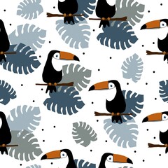 seamless pattern with birds. toucans, leaves and dots on a white background. Fashionable print for textiles, wallpaper and packaging.