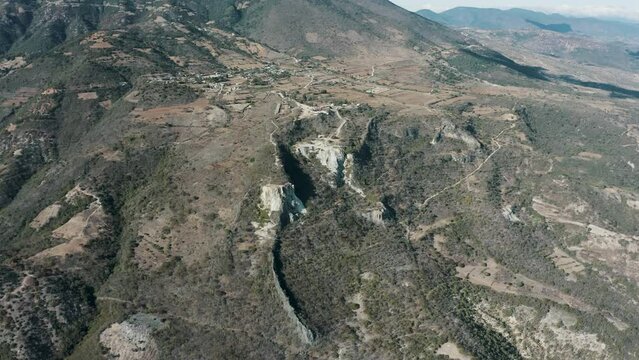 Aerial view of Hierve el agua rock formations and natural pools in Oaxaca, Mexico