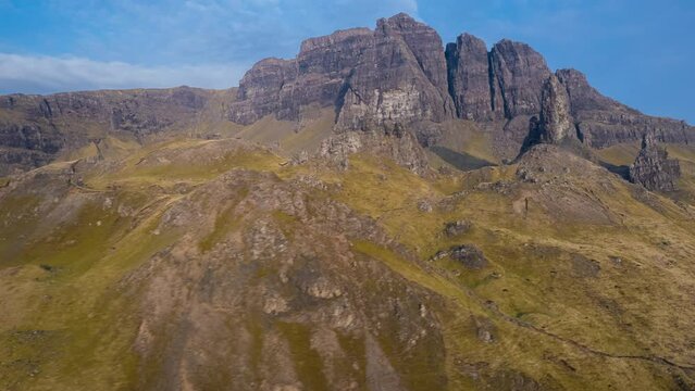  Hyperlapse Time Lapse Aerial Isle of Skye, Scotland, UK, Old Man of Storr, at Sunrise Sunset, Ancient Natural Stone Monument Summer