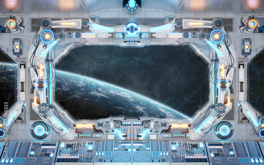 Poster White spaceship interior with glowing blue and red lights. Futuristic spacecraft with large window view on planet Earth. 3D rendering
