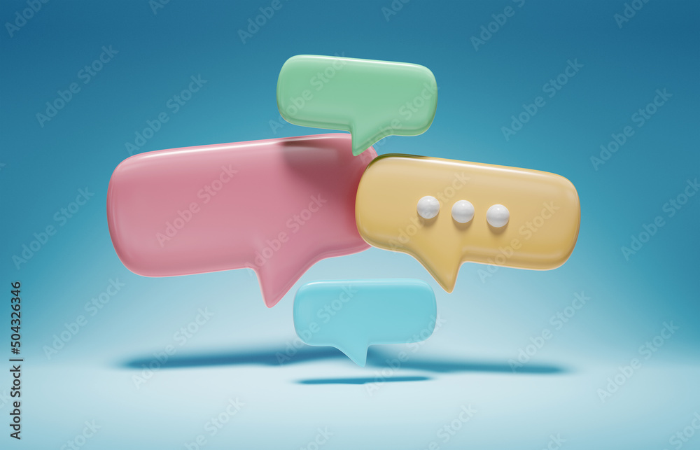 Wall mural minimalist blue red and yellow speech bubbles talk icons floating over background. modern conversati