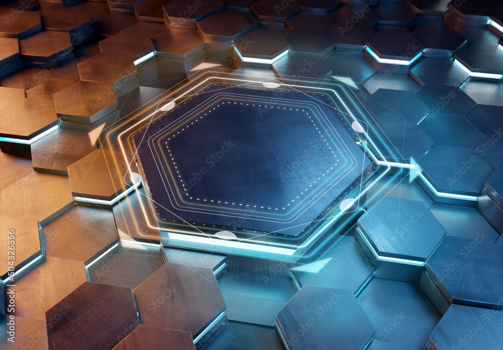 Poster glowing orange and blue hexagons podium background pattern. hexagonal metal surface with lights and 