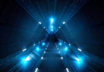 Futuristic interior corridor with blue neon lights on panel walls. Triangle shaped spaceship background in space station. 3d rendering