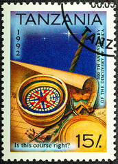 TANZANIA - CIRCA 1992: A stamp printed in Tanzania shows Map and Compass, 500th Anniversary of the Discovery of America serie, circa 1992