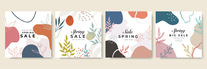 Trendy Spring sale floral square templates. Suitable for social media posts, mobile apps, cards, invitations, banners design and web/internet ads.