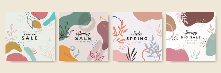 Fototapeta na wymiar Trendy Spring sale floral square templates. Suitable for social media posts, mobile apps, cards, invitations, banners design and web/internet ads.