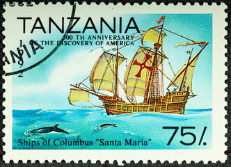 TANZANIA - CIRCA 1992: A stamp printed in Tanzania devoted to 500th anniversary of the discovery of...