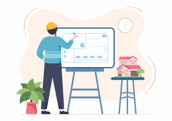Architect or Engineer Cartoon Illustration using a Multipurpose Board Table to Sketch Building Constructions and Project Miniatures Concept