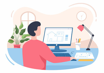 Architect or Engineer Cartoon Illustration using a Multipurpose Board Table to Sketch Building Constructions and Project Miniatures Concept