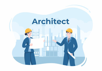 Architect or Engineer Cartoon Illustration using a Multipurpose Board Table to Sketch Building Constructions and Project Miniatures Concept