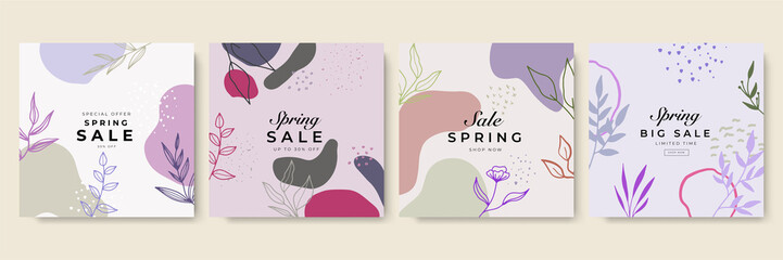 Floral flower boho minimal post square templates for social media. Vector abstract shapes vertical backgrounds. Minimal floral backdrops