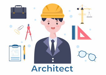 Architect or Engineer Cartoon Illustration using a Multipurpose Board Table to Sketch Building Constructions and Project Miniatures Concept
