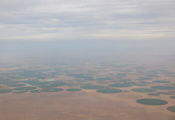 Aerial views of crop fields in the desert region of Tabuk in the north west area of Saudi Arabia
