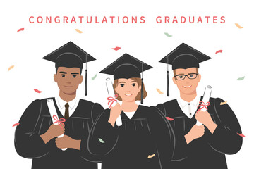 Сongratulations graduates. Group of happy students-graduates university or college wearing an academic gown, graduation cap and holding a diploma. Vector illustration