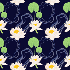 Pattern with lotus flowers and leaves. Vector illustration