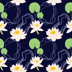 Fotobehang Pattern with lotus flowers and leaves. Vector illustration © Екатерина Завьялова