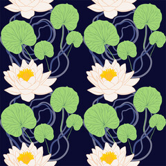 Pattern with lotus flowers and leaves. Vector illustration