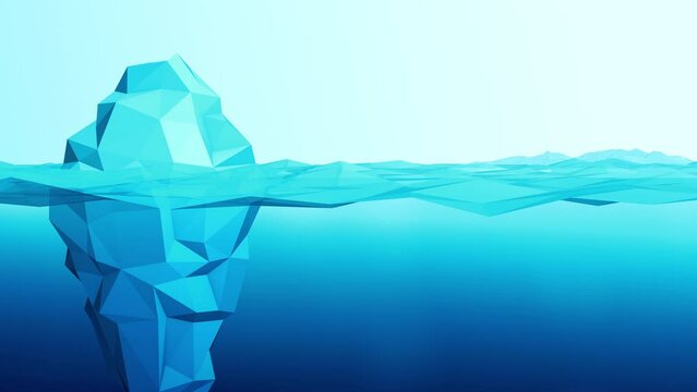 stylized iceberg floating on water, concept of hidden danger and global warming, camera zoom out, copy space (3d render)