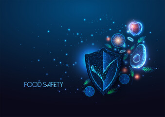 Futuristic food safety control concept with glowing fruits and vegetables and shield approval mark 