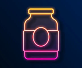 Glowing neon line Jam jar icon isolated on black background. Vector