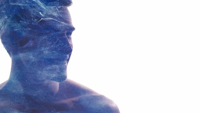 Man freshness. Vitality energy. Skincare hygiene. Double exposure silhouette of satisfied happy smiling shirtless guy face with blue glitter steam isolated on white copy space.