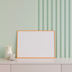 Modern and minimalist horizontal wooden poster or photo frame mockup on the table in the living room. 3d rendering.