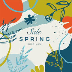 Fototapeta na wymiar Unique spring cards with bright gradient backgrounds, tiny leaves, fluid shapes and geometric elements in memphis style. Abstract layouts perfect for prints, flyers, banners, invitations, covers.