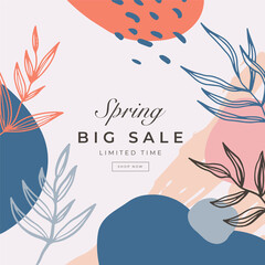 Obraz premium Hello spring banner background template with colorful flower.Can be use social media card, voucher, wallpaper, flyers, invitation, posters, brochure.