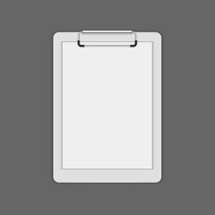 White realistic clipboard with blank paper sheet attached isolated on gray vector illustration. Empty business document promotion information folder planning sheet page memo message list template