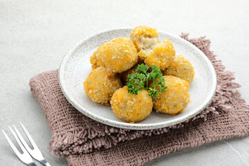 Delicious homemade bitterballen made from flour, cheese, milk coated with bread crumb filled with mozzarella. Selective focus image.