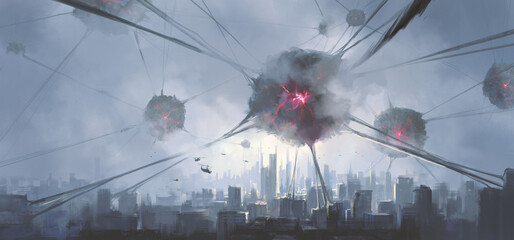 Terrifying alien virus has taken over the human city, 3D illustration. - obrazy, fototapety, plakaty