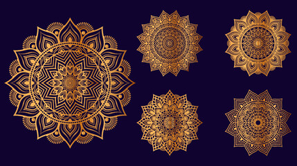 Set of Five golden mandalas on a burgundy background. Luxurious vector ethnic ornaments.