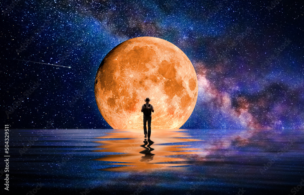 Canvas Prints man walking towards the full moon