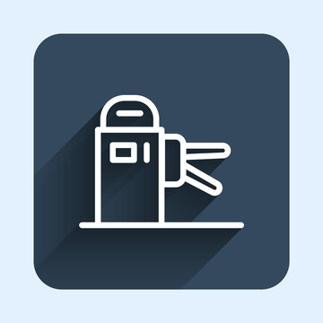 recommend clip art: White line Turnstile icon isolated with long shadow background. Blue square button. Vector