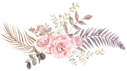 Boho style horizontal watercolor bouquet with palm and fern leaves dried flowers and rose flowers © Марина Воюш