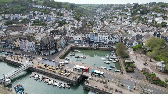 Dartmouth town and harbour waterfront Devon England drone aerial view