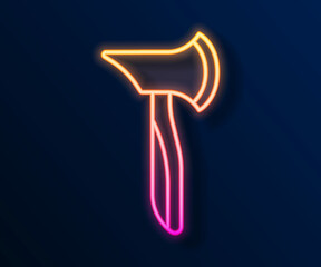 Glowing neon line Wooden axe icon isolated on black background. Lumberjack axe. Vector